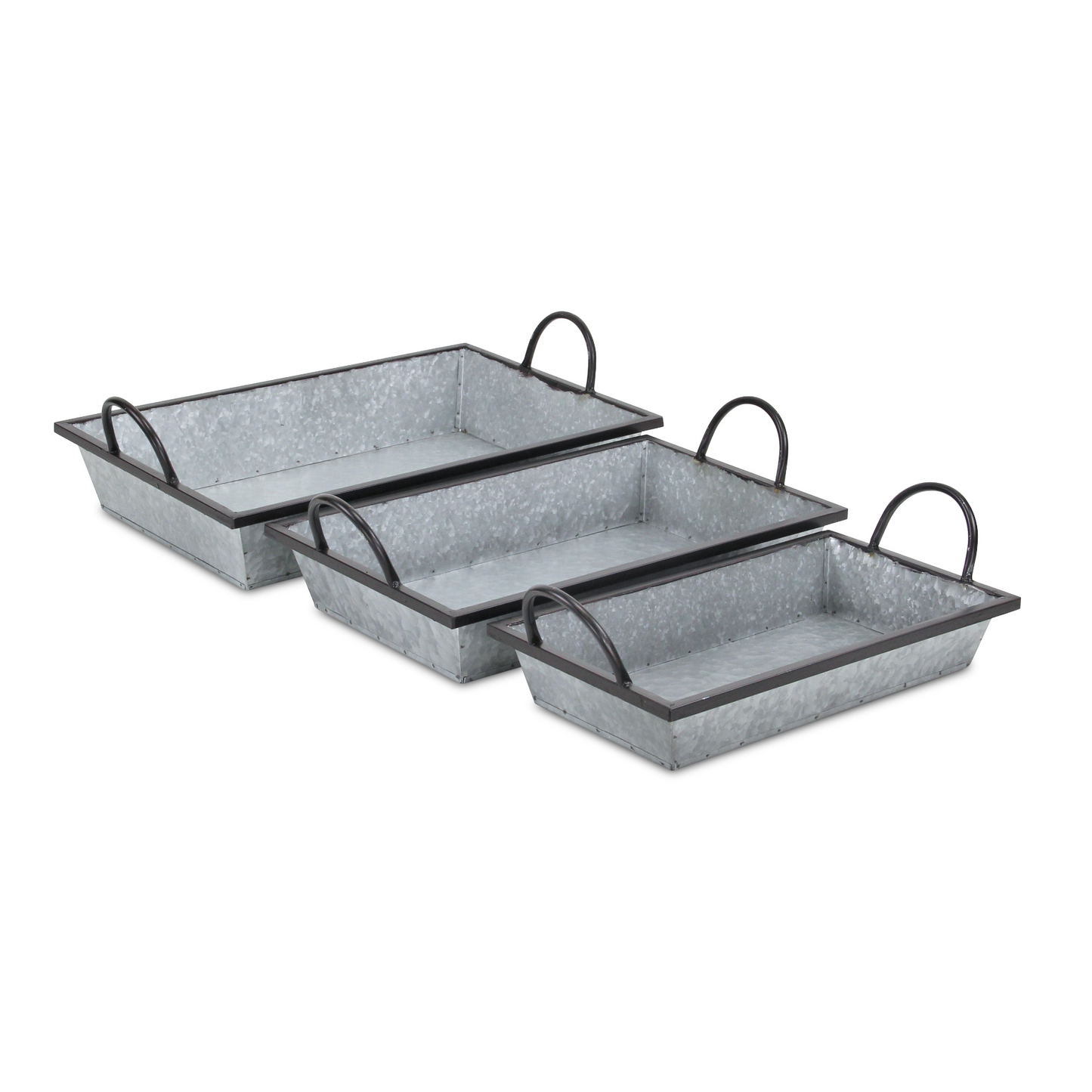 Set Of Three 18" Gray and Black Metal Handmade Trays With Handles - Versatile and Chic Addition to Your Home