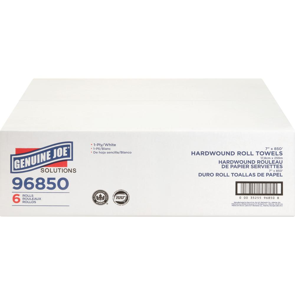 Genuine Joe Solutions Hardwound Paper Towels - 1 Ply - 7" x 850 ft - White - Virgin Fiber - Soft, Embossed, Absorbent, Eco-friendly, Strong - 6 / Carton