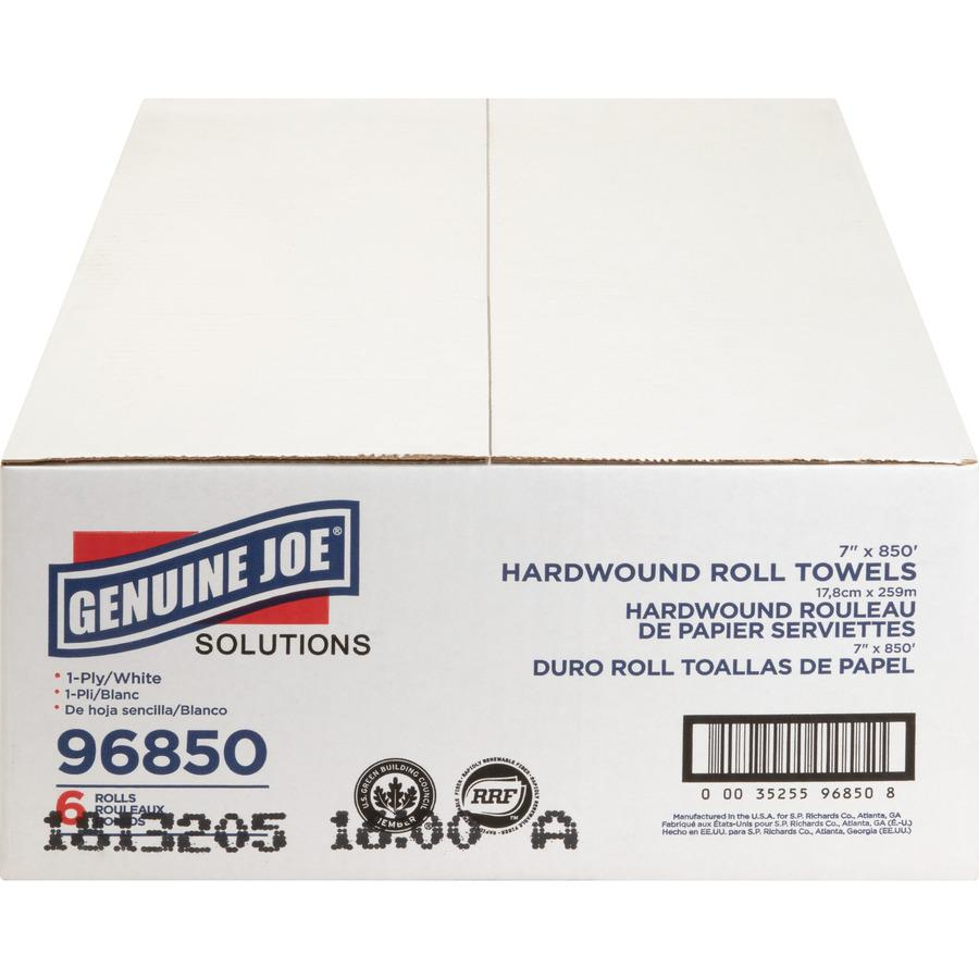 Genuine Joe Solutions Hardwound Paper Towels - 1 Ply - 7" x 850 ft - White - Virgin Fiber - Soft, Embossed, Absorbent, Eco-friendly, Strong - 6 / Carton