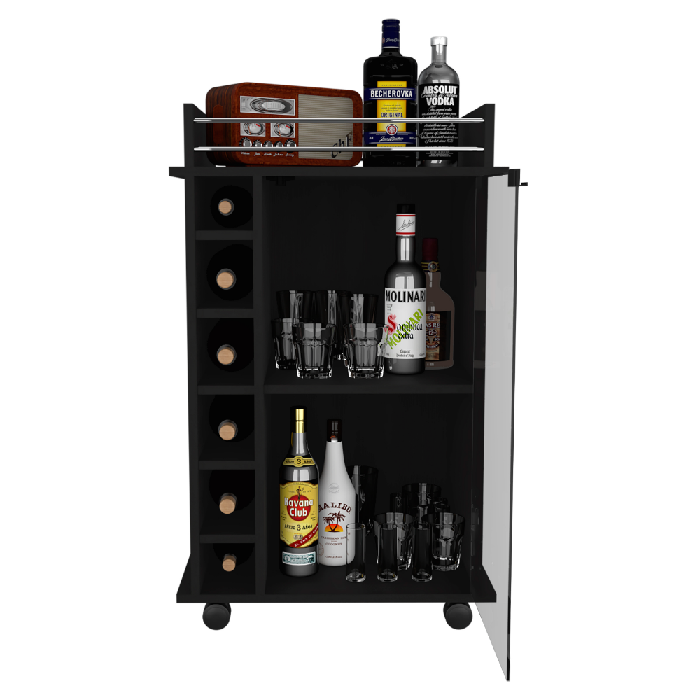 Bar Cart Baltimore, Two Tier Cabinet With Glass Door, Six Wine Cubbies, Black Wengue Finish