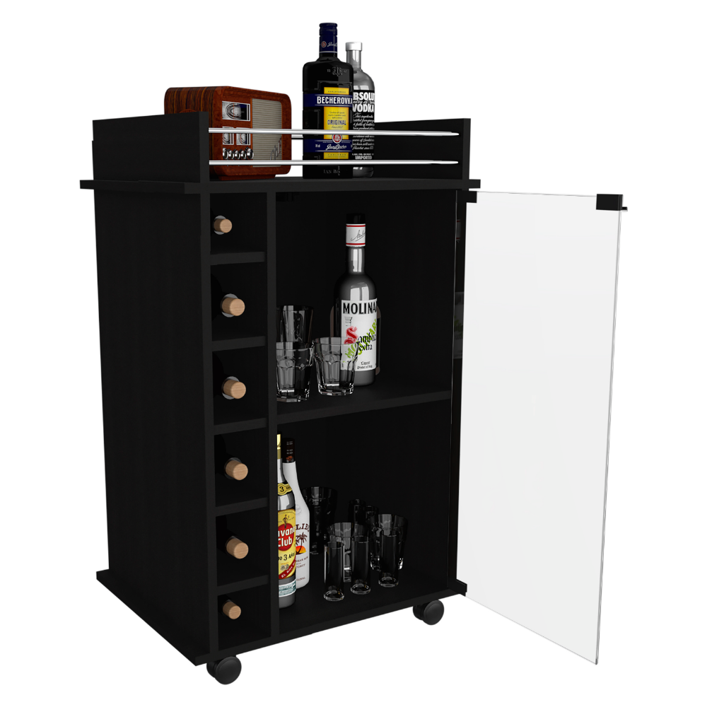 Bar Cart Baltimore, Two Tier Cabinet With Glass Door, Six Wine Cubbies, Black Wengue Finish