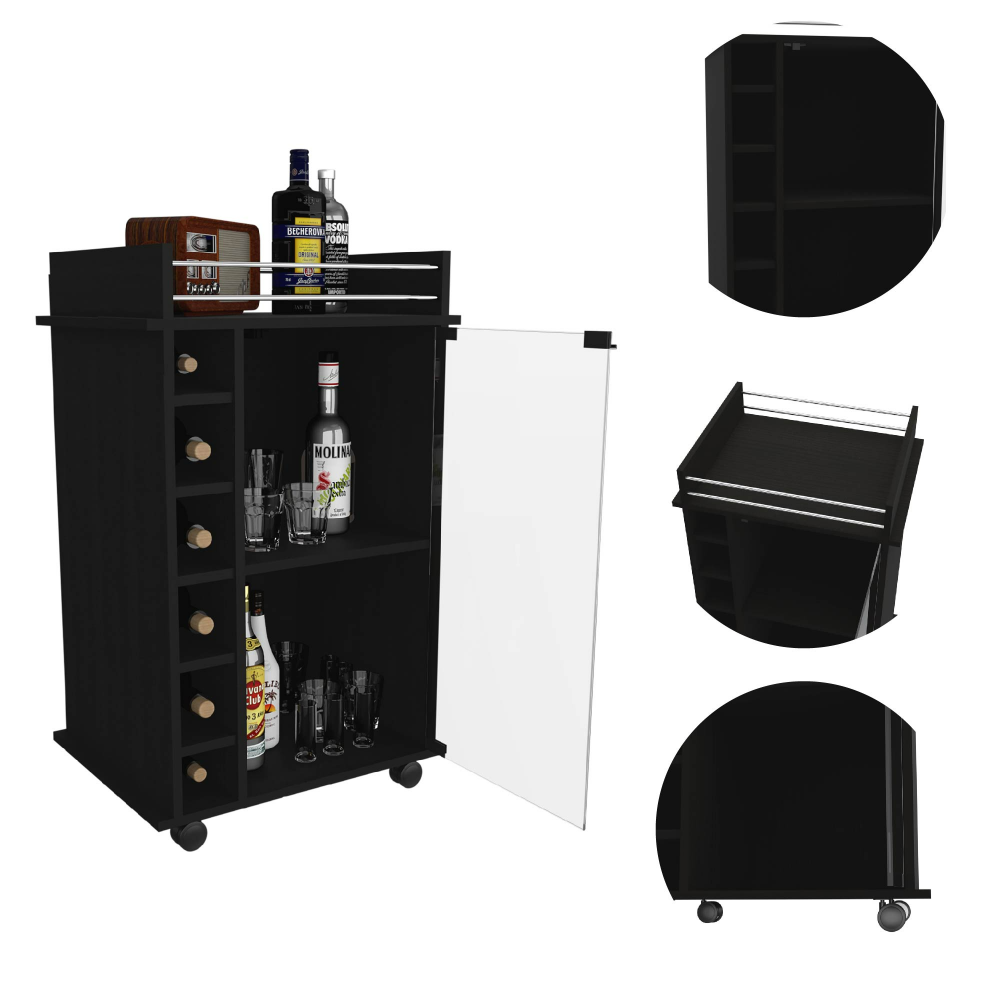 Bar Cart Baltimore, Two Tier Cabinet With Glass Door, Six Wine Cubbies, Black Wengue Finish