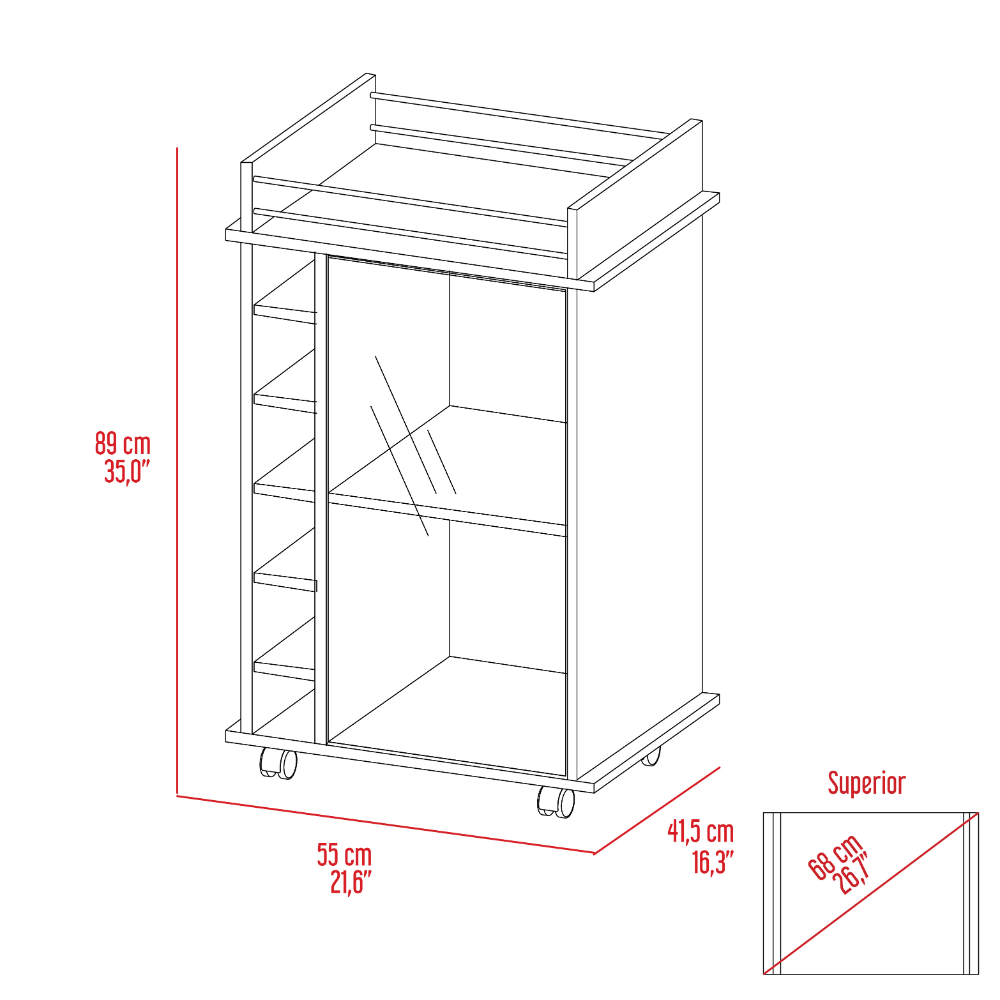 Bar Cart Baltimore, Two Tier Cabinet With Glass Door, Six Wine Cubbies, Black Wengue Finish