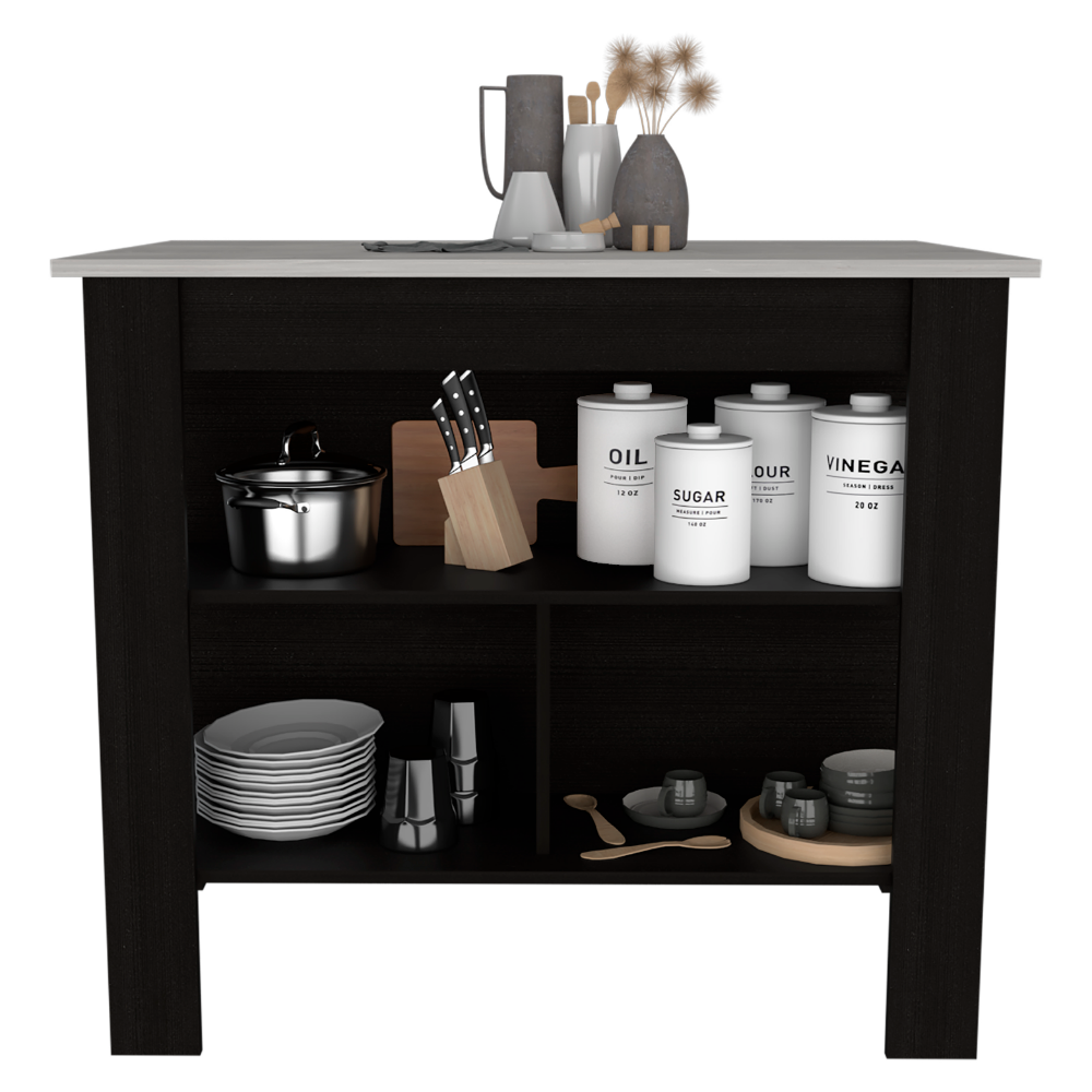 Kitchen Island Dozza, Three Shelves, Black Wengue / Ibiza Marble Finish