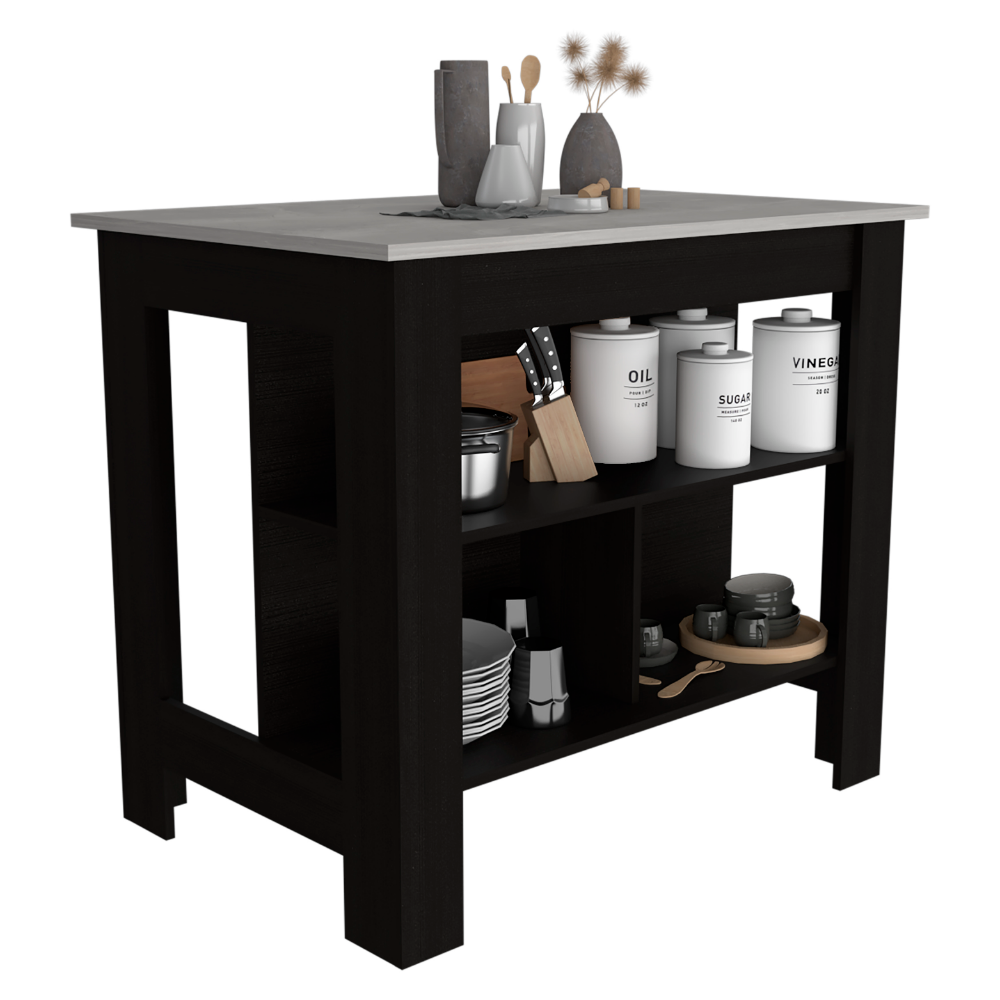 Kitchen Island Dozza, Three Shelves, Black Wengue / Ibiza Marble Finish