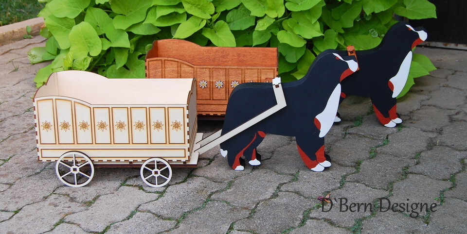 D˙Bern Designe Handmade and Hand Painted or Engraved Wooden Cart and Bernese Mountain Dog