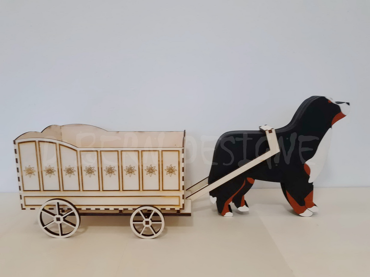 D˙Bern Designe Handmade and Hand Painted or Engraved Wooden Cart and Bernese Mountain Dog