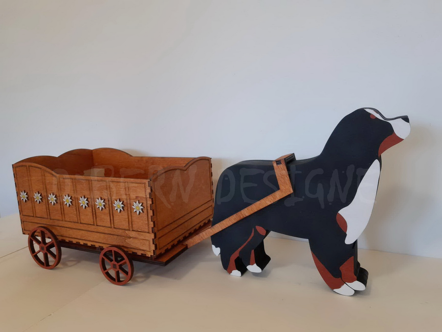 D˙Bern Designe Handmade and Hand Painted or Engraved Wooden Cart and Bernese Mountain Dog