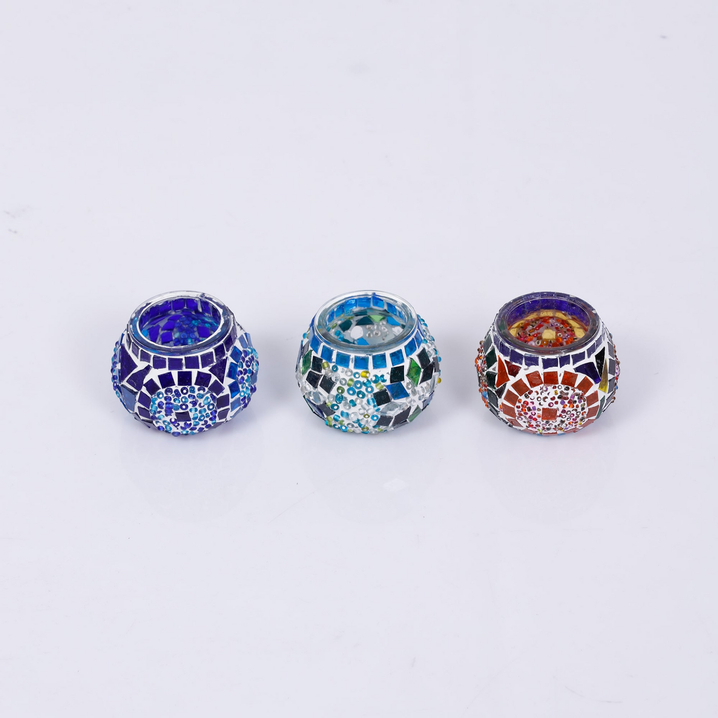 Blue Turquoise Multicolor Mosaic Candleholder Set of 3 - Handmade Moroccan Mid Century Candle Holder