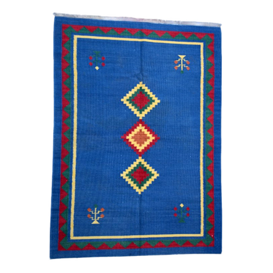 Tribal Handmade Blue Kilim Rug - 100% Genuine Wool, Vintage/Used Design