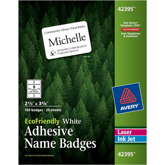 Avery® Eco-friendly Premium Name Badge Labels - 2 21/64" Width x 3 3/8" Length - Removable Adhesive - Rectangle - Laser, Inkjet - White - Paper - 8 / Sheet - 20 Total Sheets - 160 Total Labels