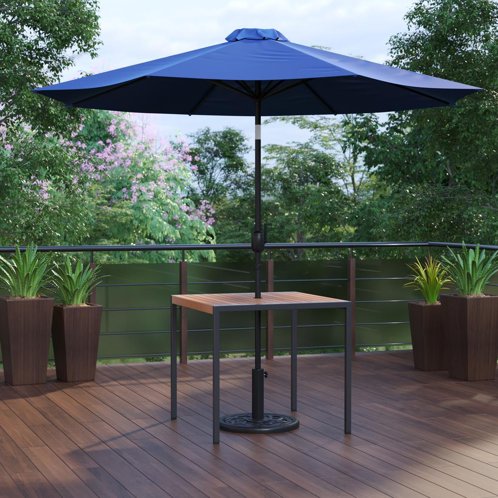 3 Piece Outdoor Patio Table Set - Synthetic Teak Patio Table with Navy Umbrella and Base