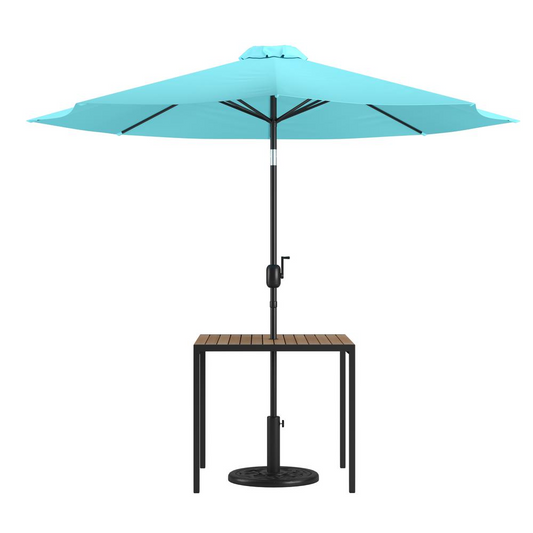 3 Piece Outdoor Patio Table Set - Synthetic Teak Patio Table with Teal Umbrella and Base