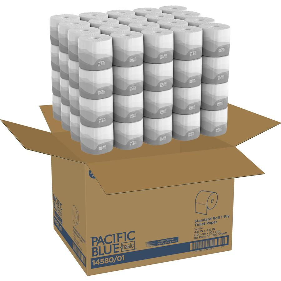 Pacific Blue Basic Standard Roll Toilet Paper - 1 Ply - 4" x 4.05" - 1210 Sheets/Roll - White - Chlorine-free, Strong, Absorbent, Eco-friendly - For Bathroom, Educational Facilities - 80 / Carton