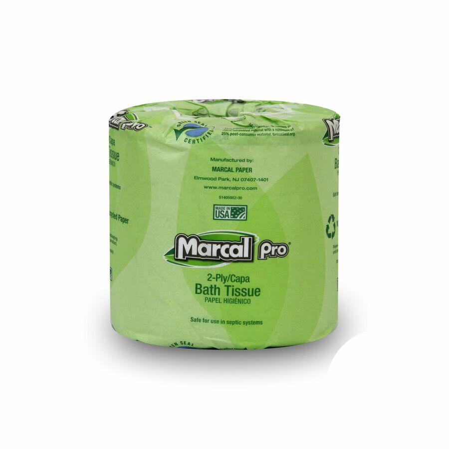 Marcal Pro 100% Recycled Bathroom Tissue - 2 Ply - 4" x 4" - 240 Sheets/Roll - White