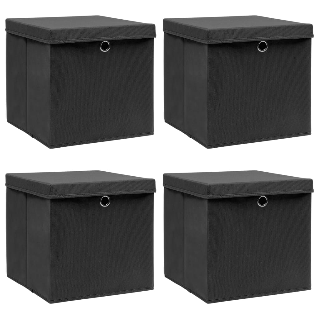 vidaXL Storage Boxes with Lids 4 pcs Black | Fabric | 12.6"x12.6"x12.6" | Foldable