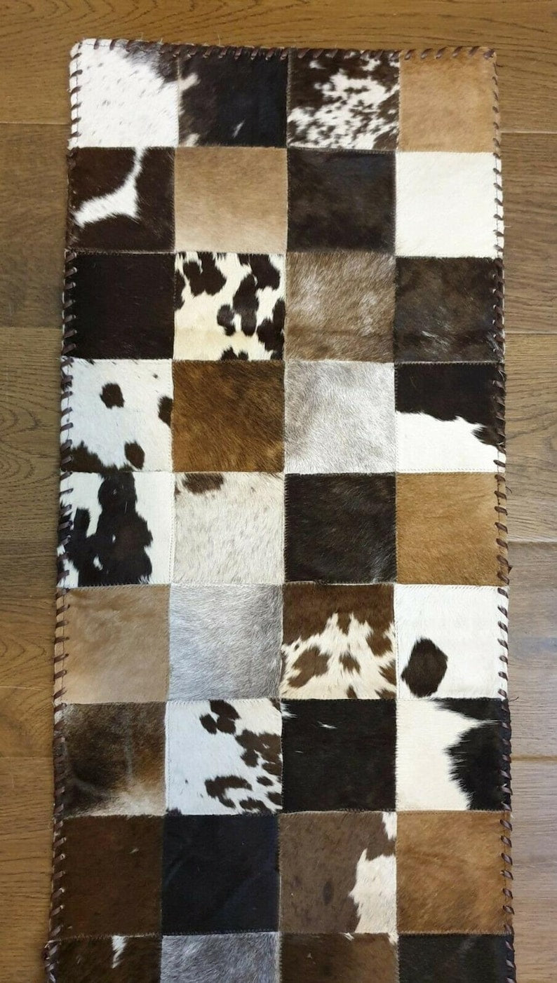 Cow Skin TABLE RUNNER - 16" x 96" Square Pattern Genuine Leather Table Runner, Handmade