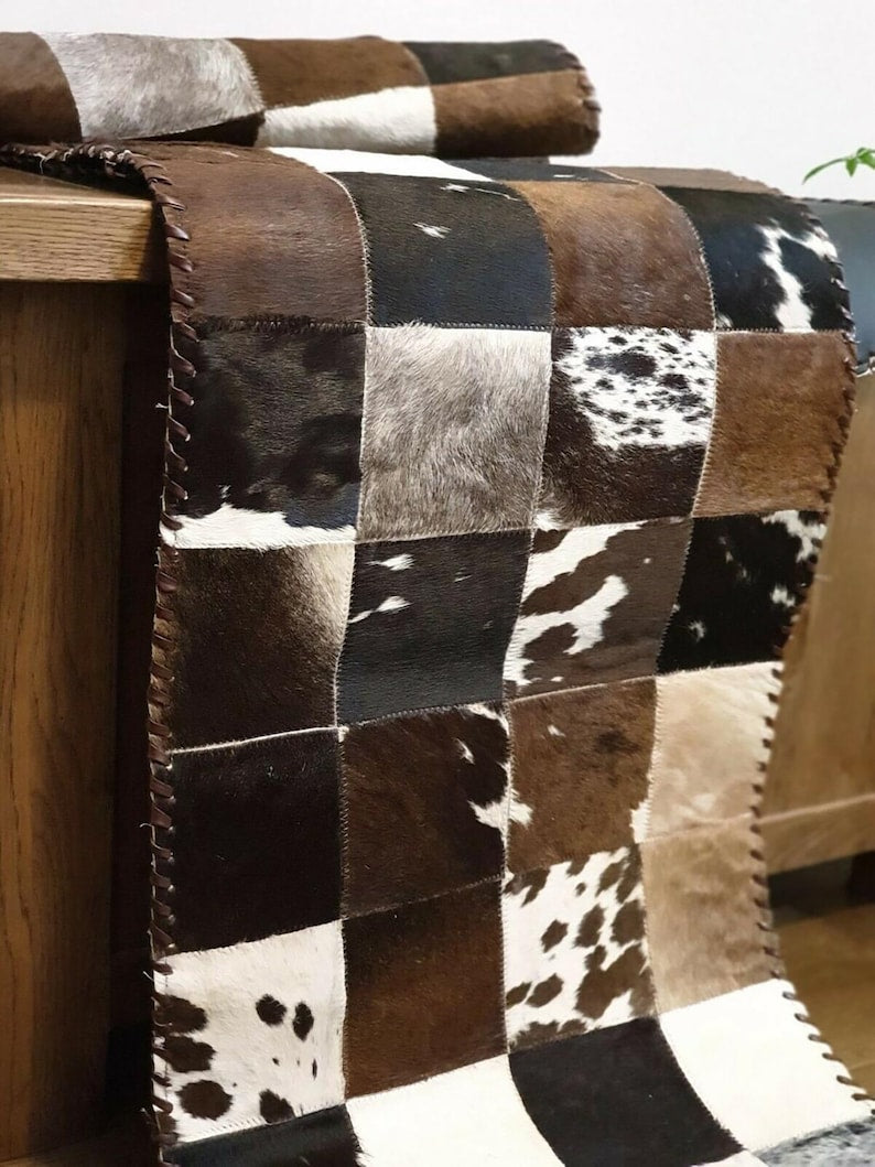 Cow Skin TABLE RUNNER - 16" x 96" Square Pattern Genuine Leather Table Runner, Handmade