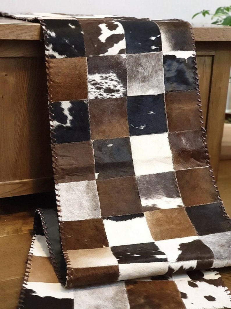 Cow Skin TABLE RUNNER - 16" x 96" Square Pattern Genuine Leather Table Runner, Handmade