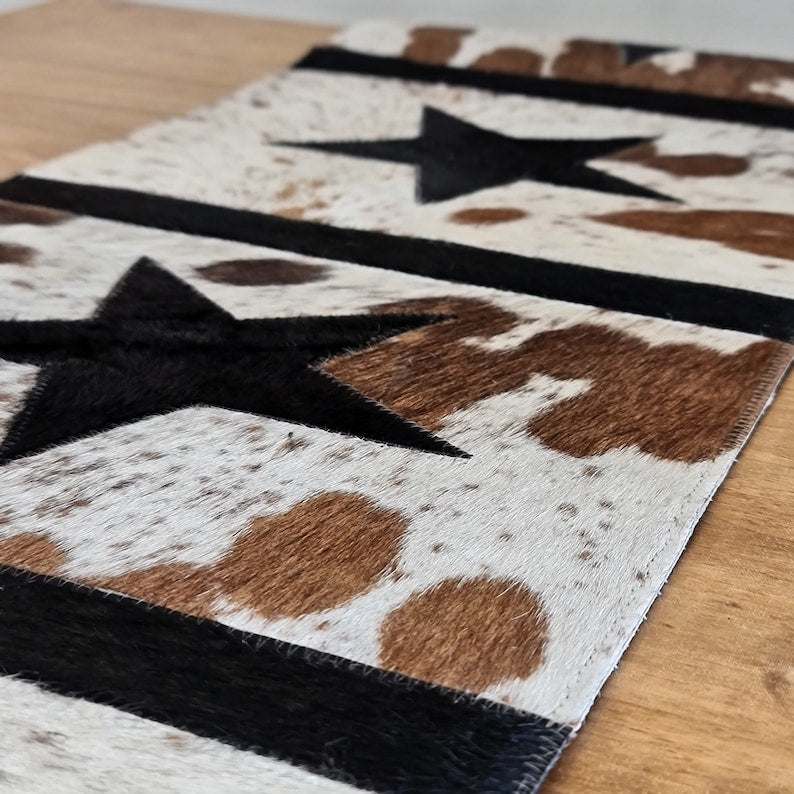 LEATHER Cow Skin TABLE RUNNER - 16" x 96" Star Pattern Genuine Leather Table Runner, Handmade