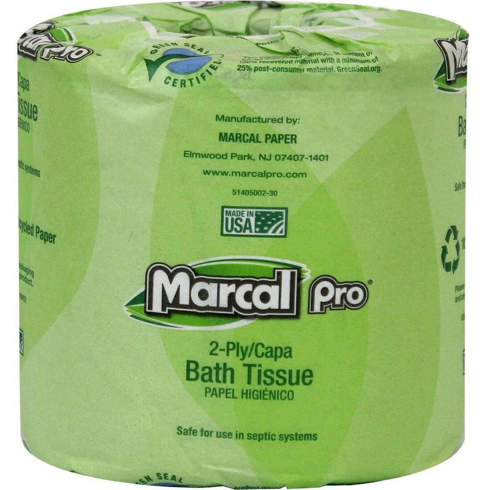 Marcal Pro 100% Recycled Bathroom Tissue - 2 Ply - 4" x 4" - 240 Sheets/Roll - White