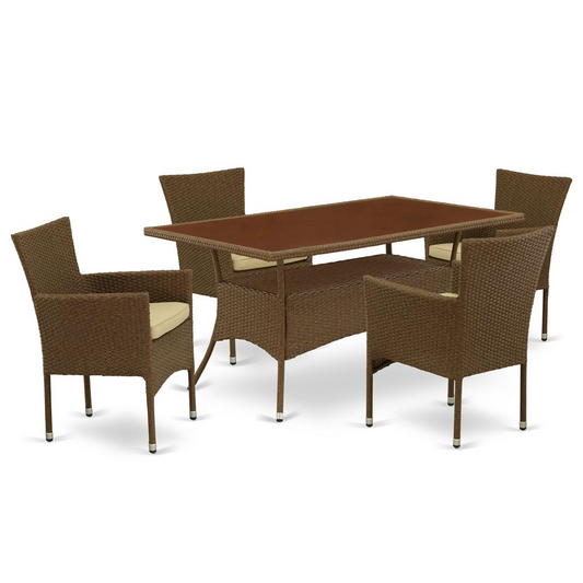 Wicker Patio Set Brown, OSBK5-02A - Outdoor Furniture Set with Acacia Wood Table and 4 Armchairs