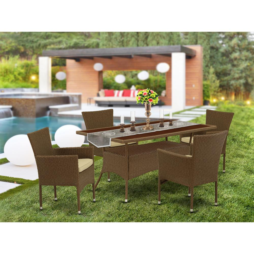 Wicker Patio Set Brown, OSBK5-02A - Outdoor Furniture Set with Acacia Wood Table and 4 Armchairs