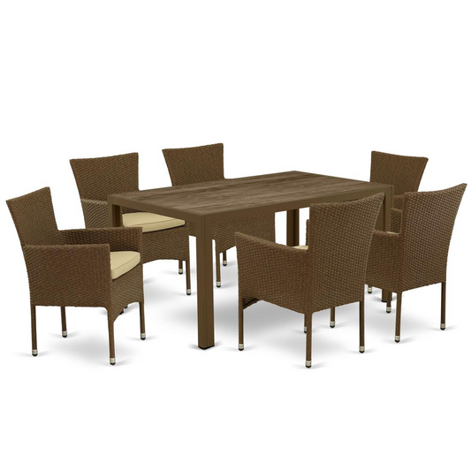 Wicker Patio Set Brown, JUBK7-02A - Outdoor Furniture Set with Acacia Wood Tabletop and Cushioned Armchairs