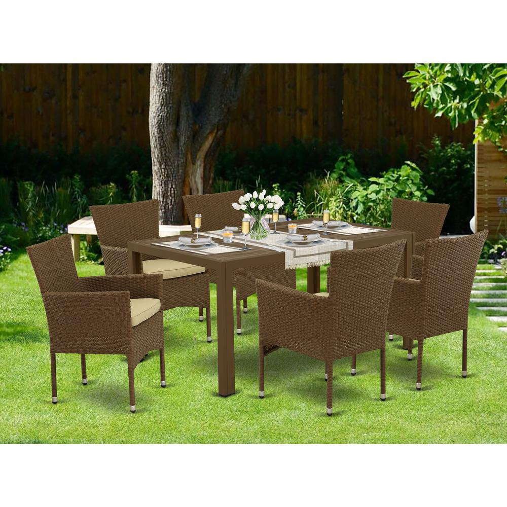 Wicker Patio Set Brown, JUBK7-02A - Outdoor Furniture Set with Acacia Wood Tabletop and Cushioned Armchairs