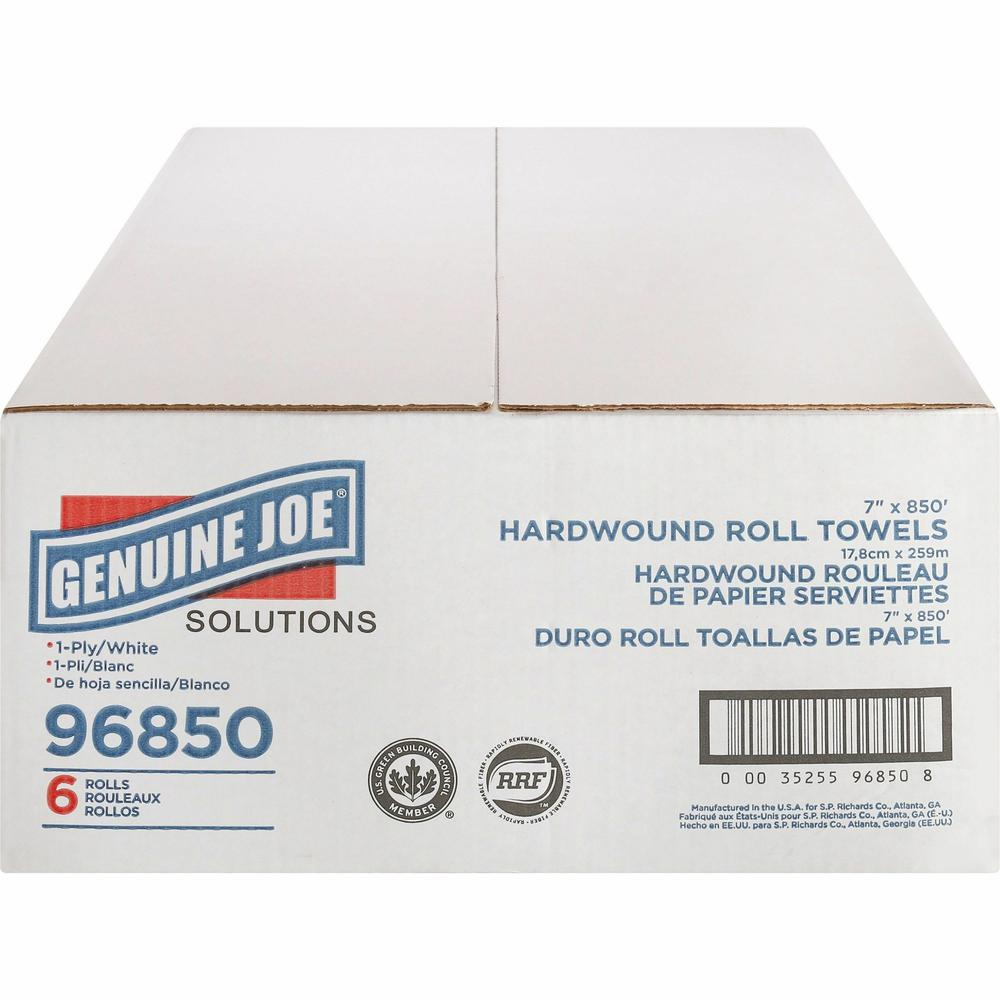 Genuine Joe Solutions Hardwound Paper Towels - 1 Ply - 7" x 850 ft - White - Virgin Fiber - Soft, Embossed, Absorbent, Eco-friendly, Strong - 6 / Carton