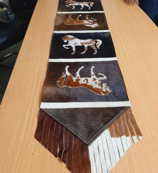 Cow Skin Table Pack Runner - Cowhead Pattern Genuine Leather Table Runner, Handmade