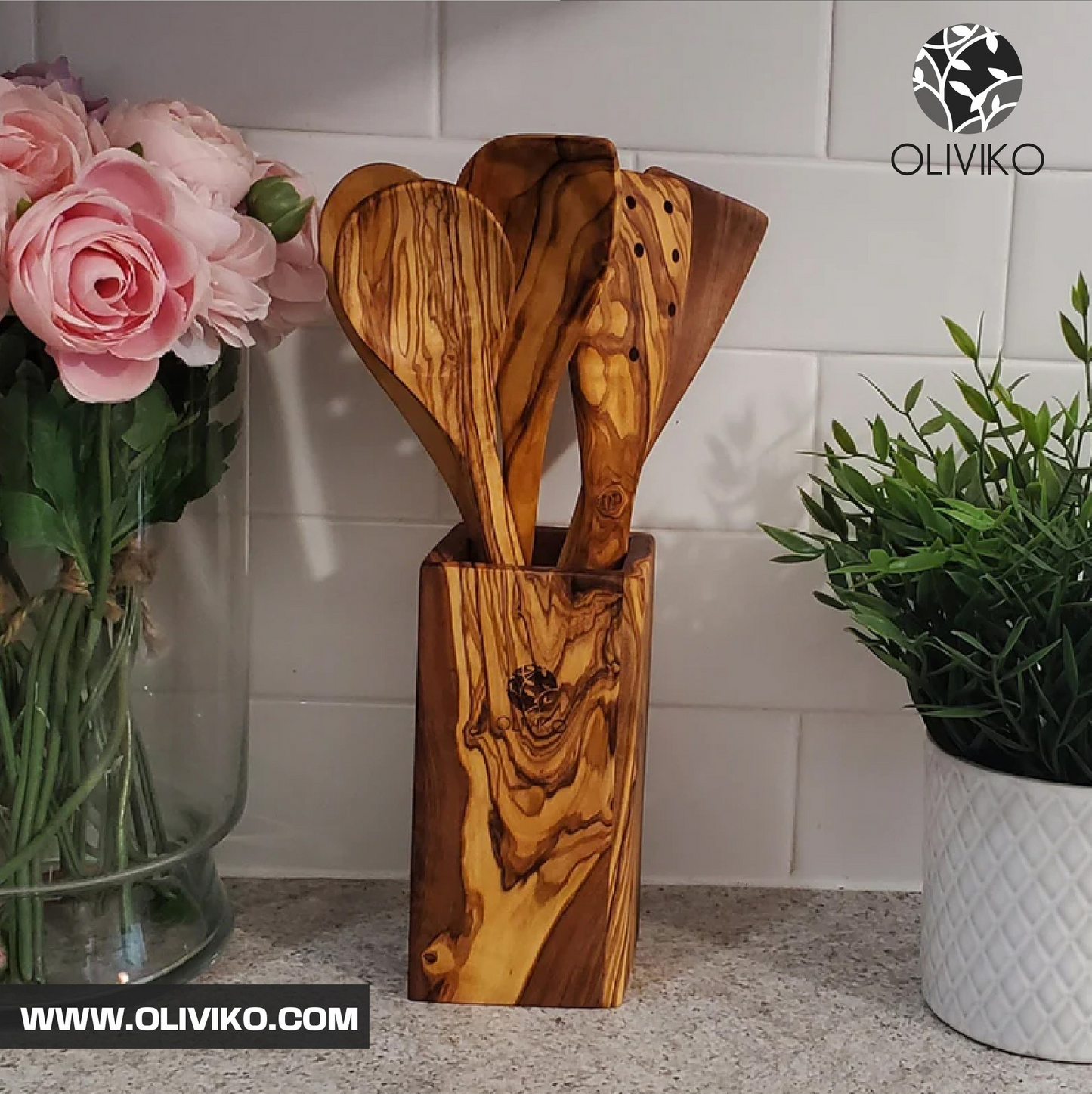 Handmade Olive Wood Holder+ Utensils Kit of 5 Utensils Holder+ 2 Spatula + 3 Spoon 100% Olive Wood