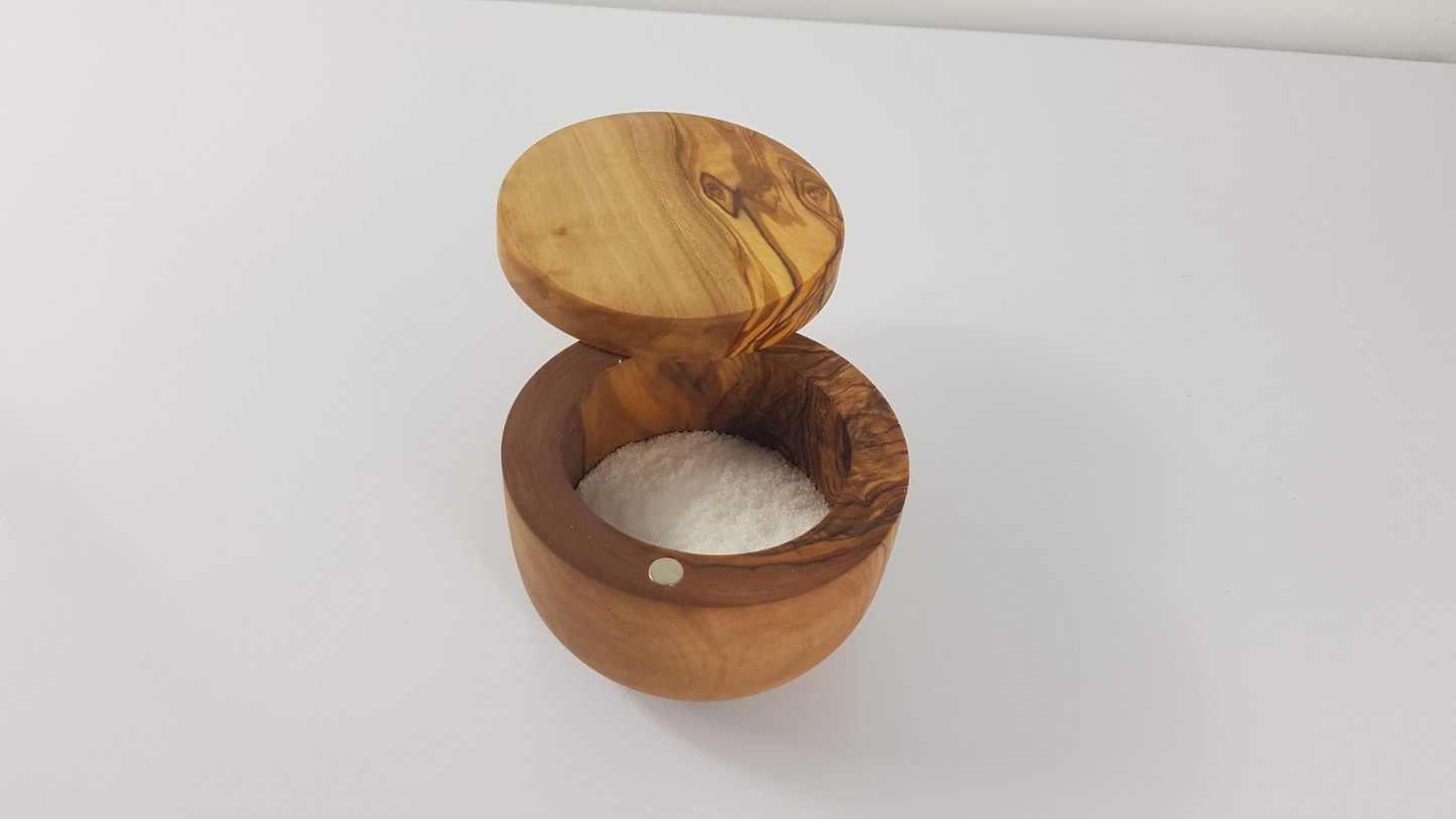 OLIVIKO Handmade Olive Wood Salt Keeper Box, Salt Cellar with Magnetic Lock