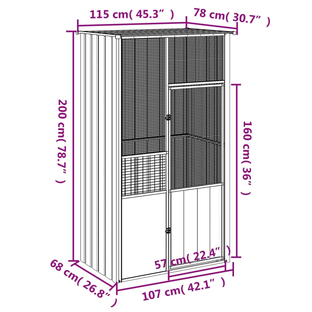 vidaXL Bird Cage Gray 45.3"x30.7"x78.7" Galvanized Steel - Spacious and Sturdy Aviary for Birds and Small Animals