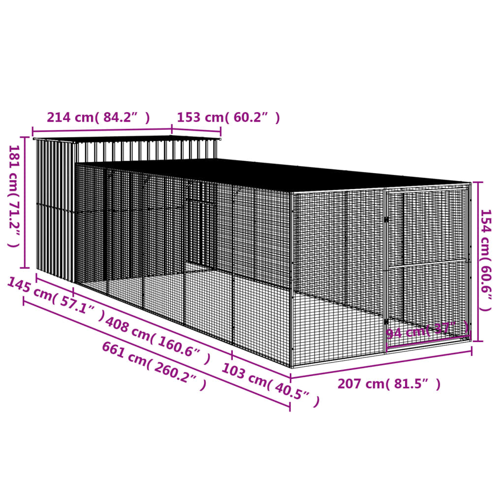 vidaXL Dog House with Run Light Gray 84.3"x260.2"x71.3" Galvanized Steel