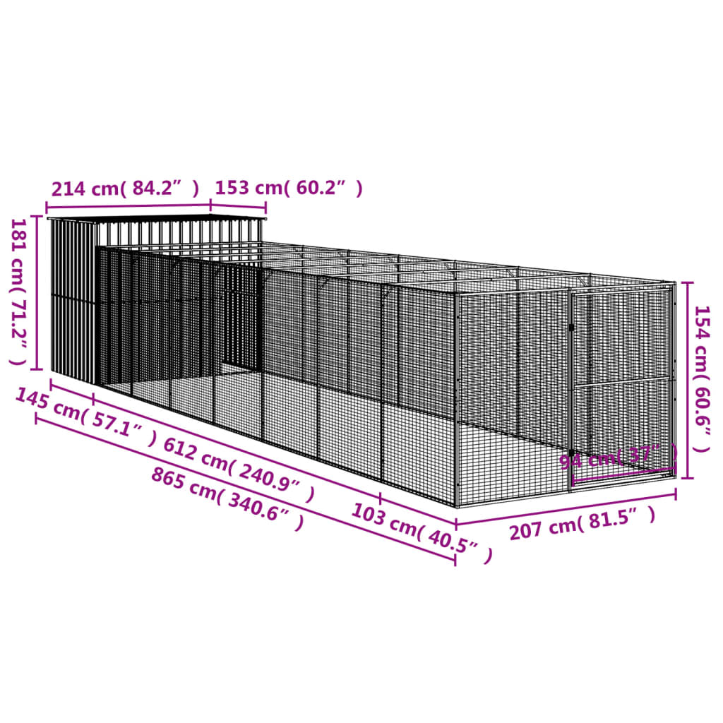 vidaXL Dog House with Run Light Gray 84.3"x340.6"x71.3" Galvanized Steel - Comfort, Safety, and Durability for Your Pet