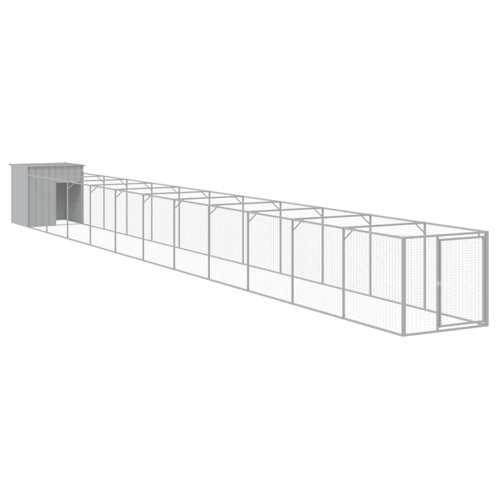 vidaXL Dog House with Run - Light Gray, 43.3"x480.7"x43.3", Galvanized Steel