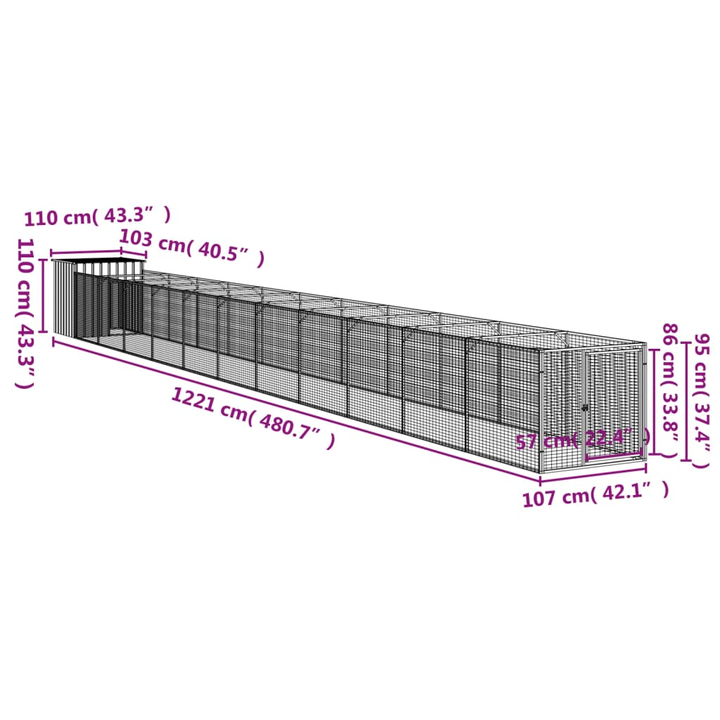 vidaXL Dog House with Run - Light Gray, 43.3"x480.7"x43.3", Galvanized Steel