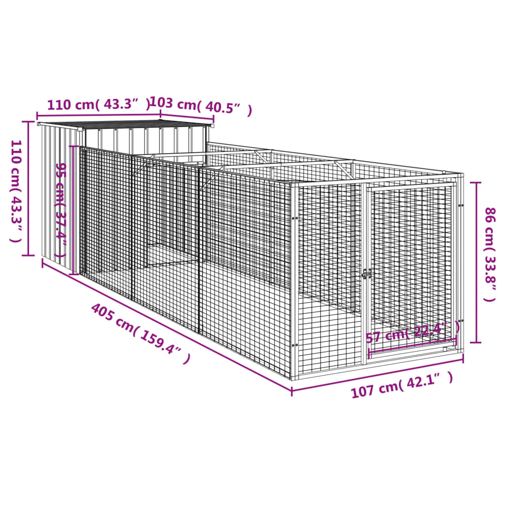 vidaXL Dog House with Run Anthracite 43.3"x159.4"x43.3" Galvanized Steel