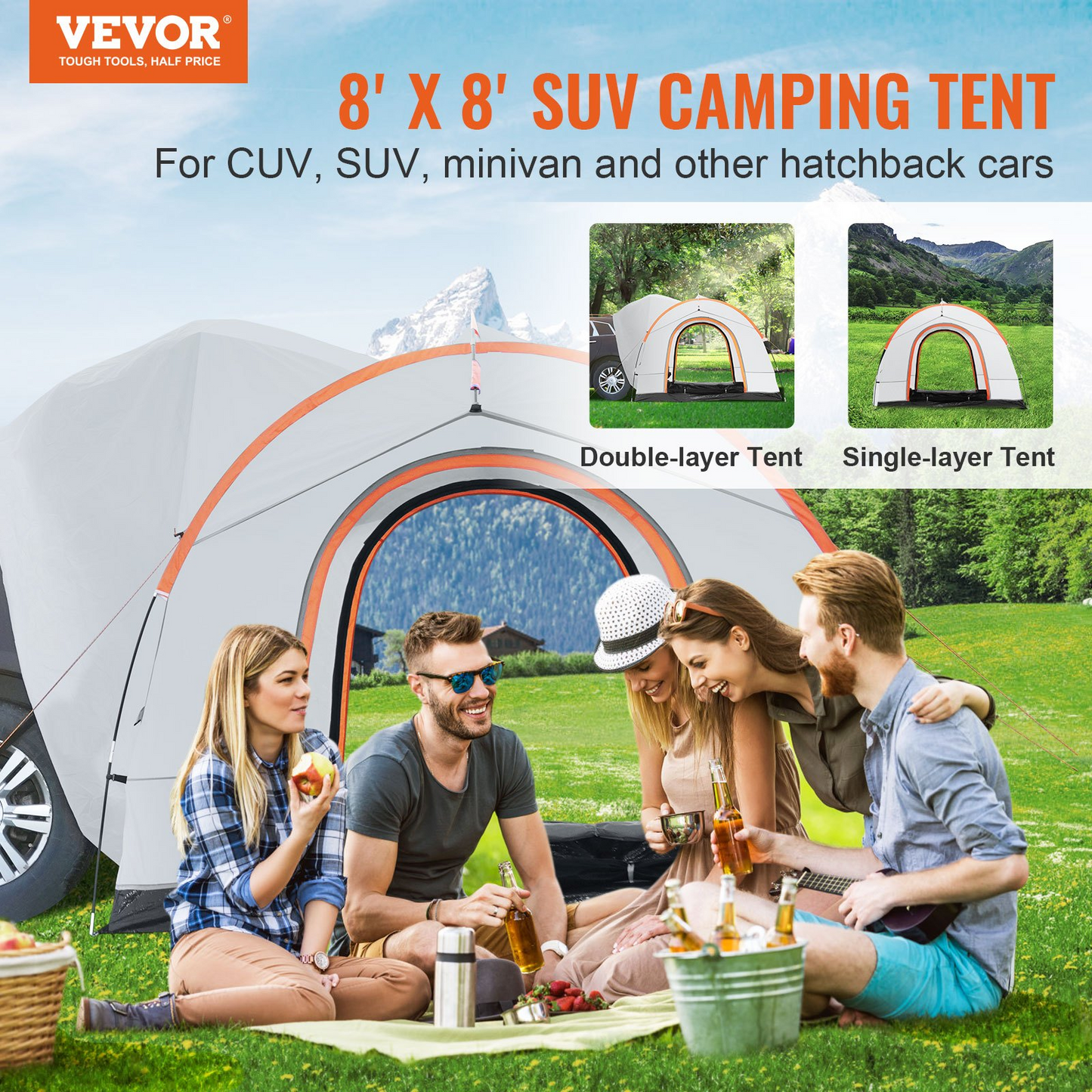 VEVOR SUV Camping Tent, 8'-8' SUV Tent Attachment for Camping with Rain Layer and Carry Bag