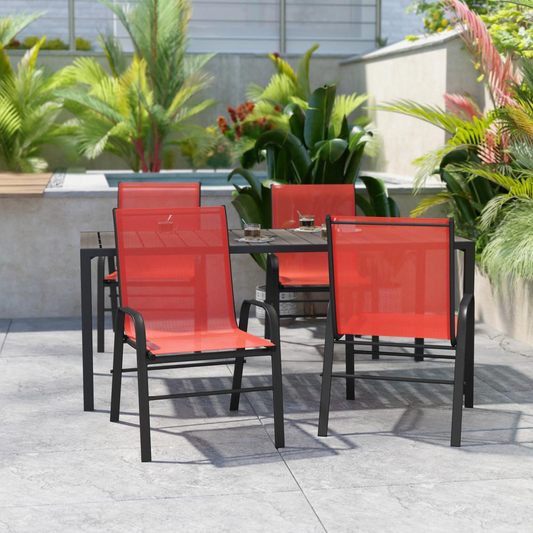 4PK Red Patio Stack Chair - Outdoor Sling Chairs with Metal Frame