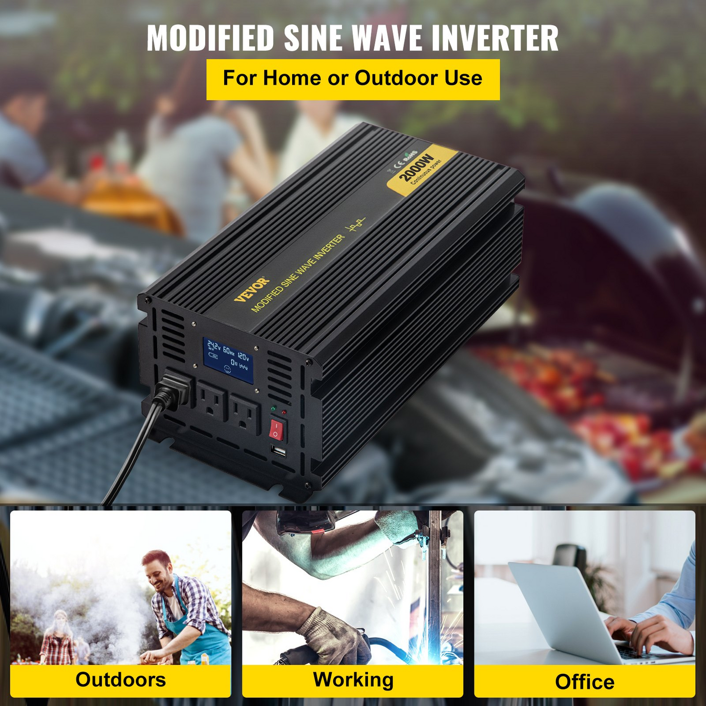 VEVOR Power Inverter, 2000W Modified Sine Wave Inverter, DC 12V to AC 120V Car Converter