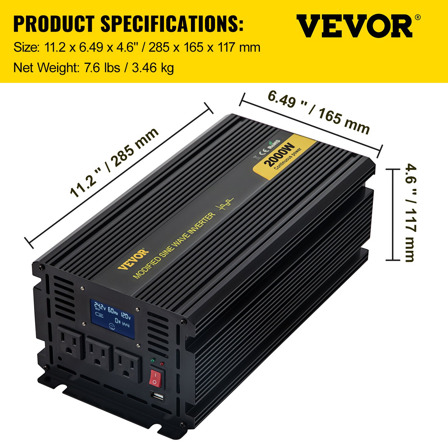 VEVOR Power Inverter, 2000W Modified Sine Wave Inverter, DC 12V to AC 120V Car Converter