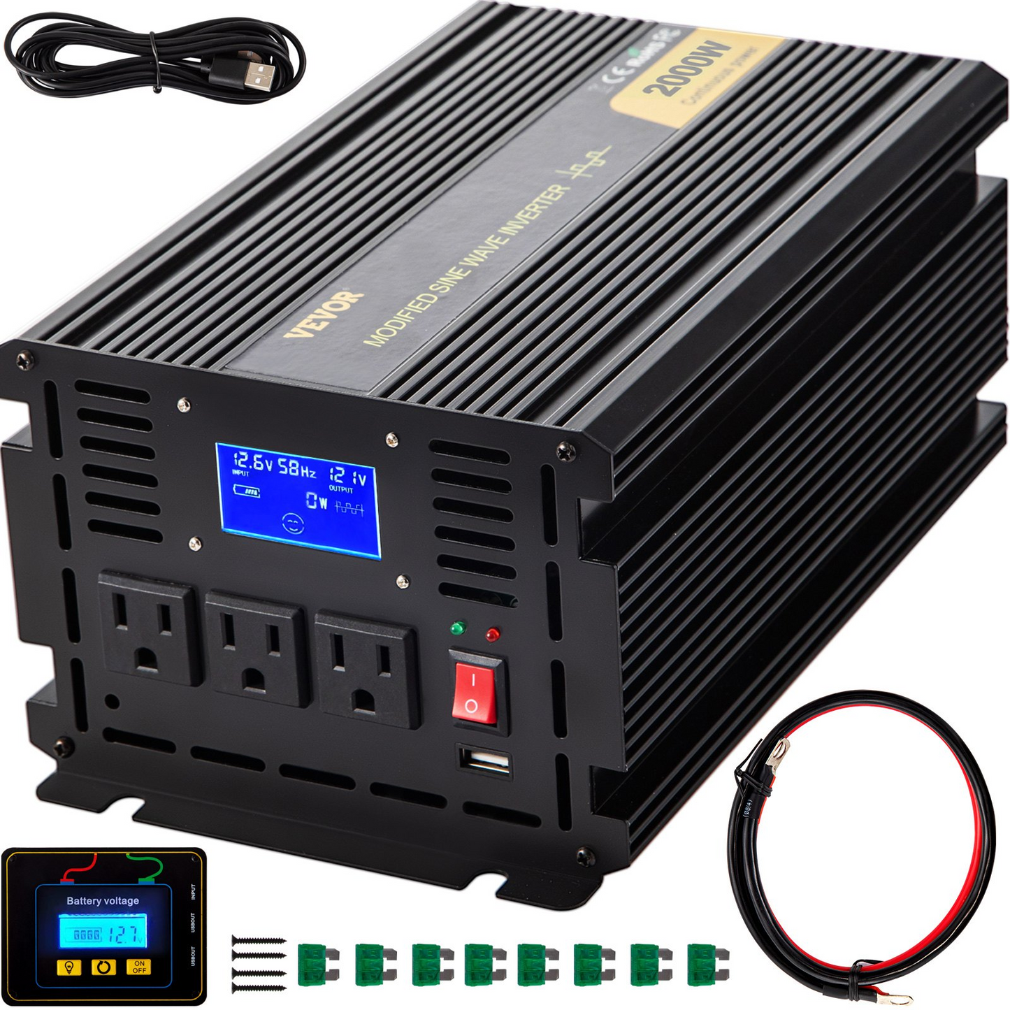 VEVOR Power Inverter, 2000W Modified Sine Wave Inverter, DC 12V to AC 120V Car Converter