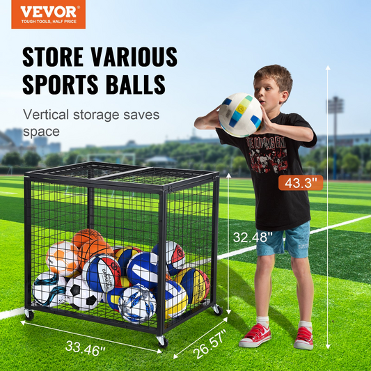 VEVOR Rolling Sports Ball Storage Cart - Lockable Basketball Cage with Double Lids