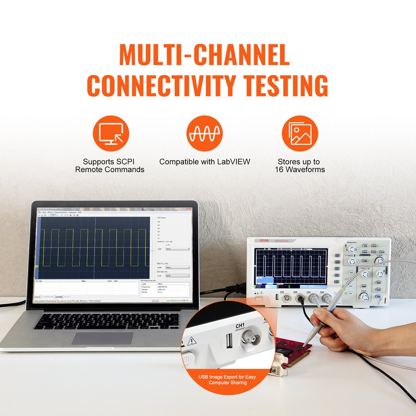 VEVOR Digital Oscilloscope - High Precision Portable Oscilloscope with 4 Channels and 7-inch Color Screen