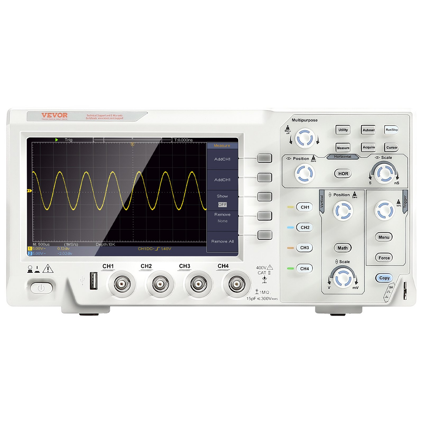 VEVOR Digital Oscilloscope - High Precision Portable Oscilloscope with 4 Channels and 7-inch Color Screen