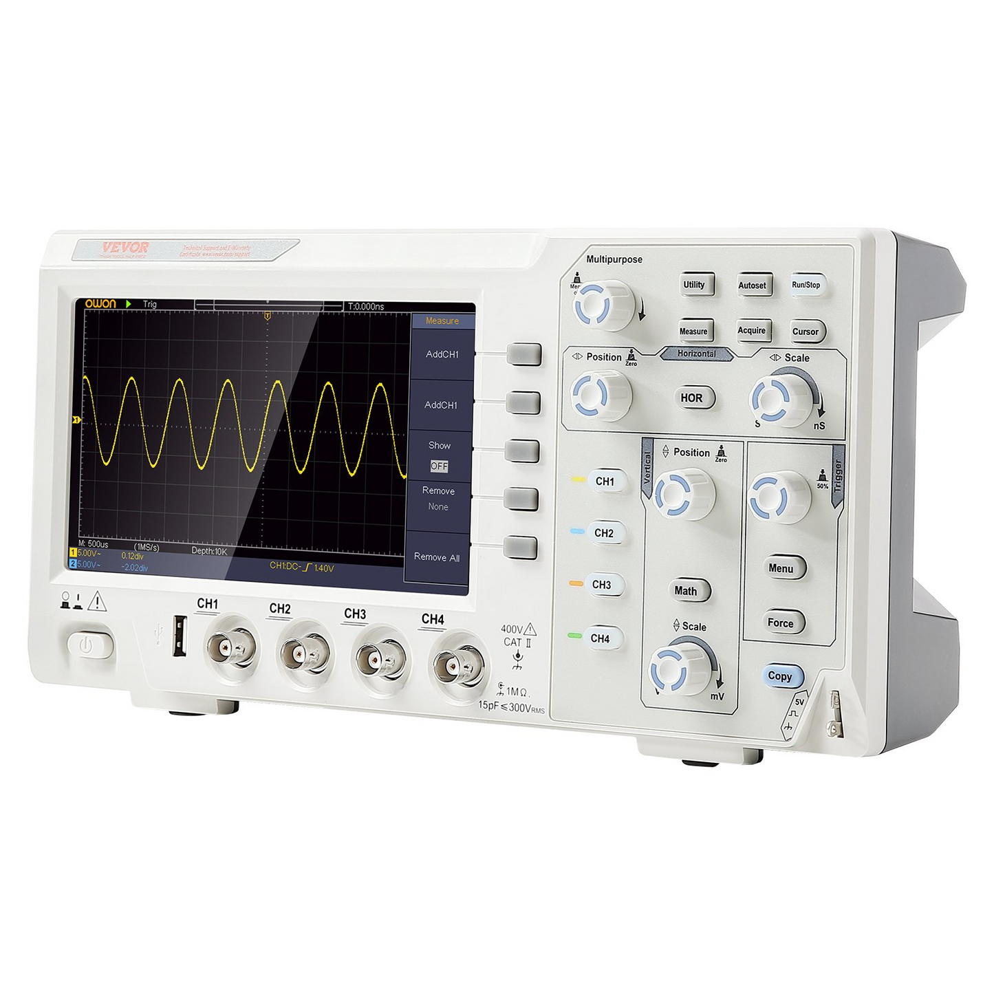 VEVOR Digital Oscilloscope - High Precision Portable Oscilloscope with 4 Channels and 7-inch Color Screen