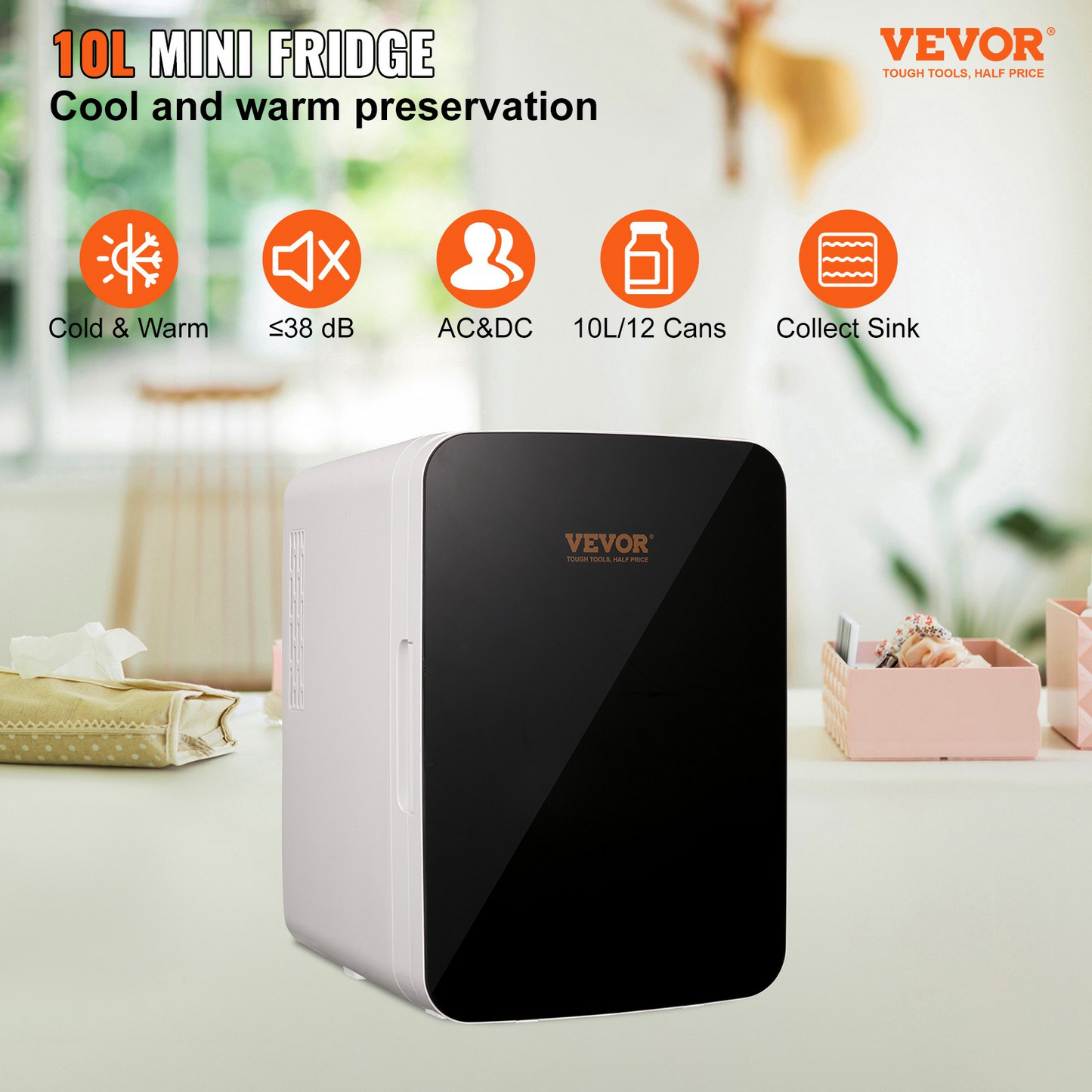 Vevor Mini Fridge for Bedroom, 10L/12 Can Portable Fridges - Luxury Small Beverage Refrigerator for Skincare, Food, Breast Milk - AC/DC Cooler Warmer for Office, Dorm, Car (Black)