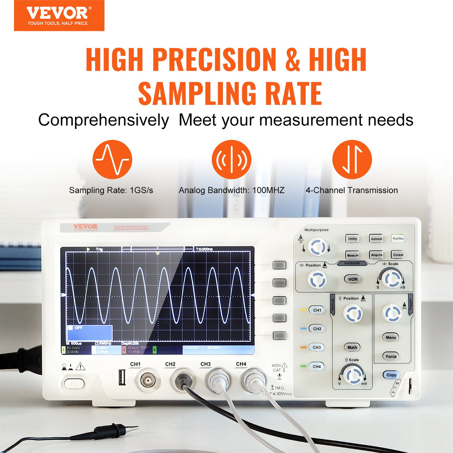 VEVOR Digital Oscilloscope - High Precision Portable Oscilloscope with 4 Channels and 7-inch Color Screen